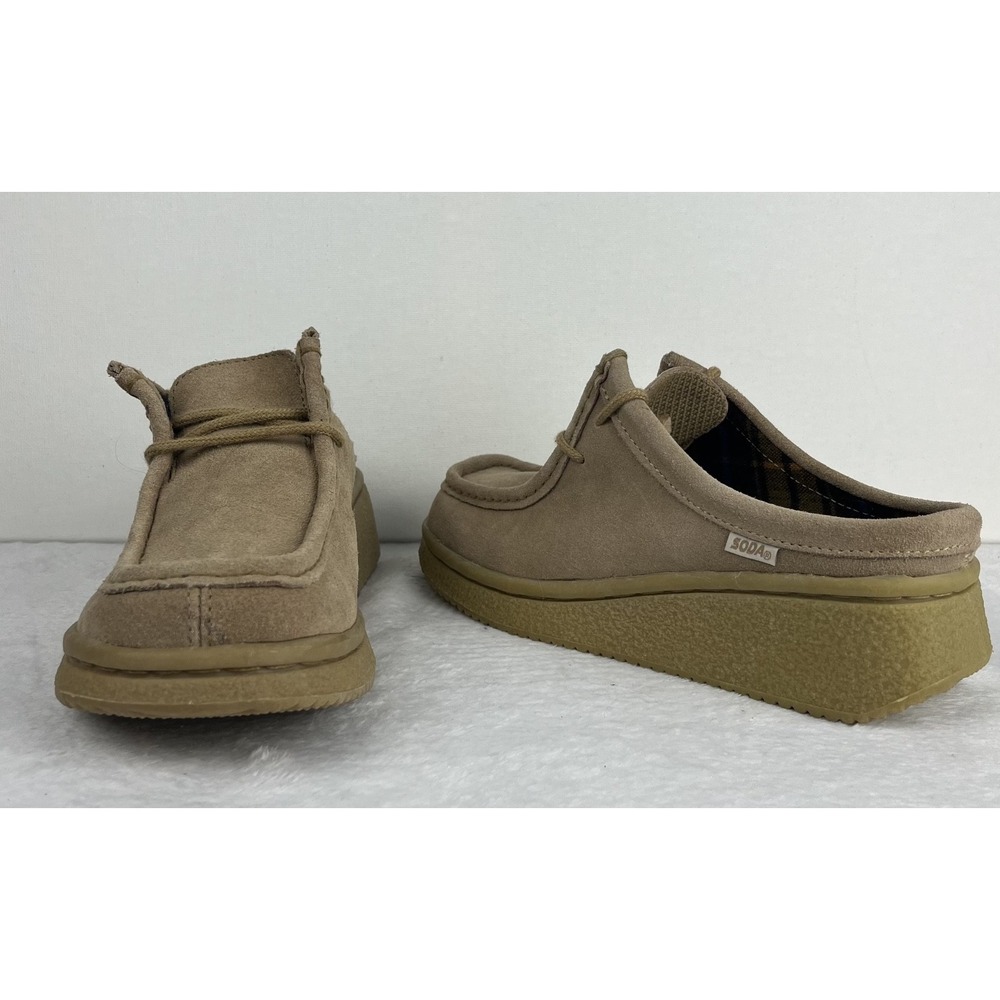 Y2K Soda Womens Platform Moccasin Mules Suede Slip On Plaid Lined Tan Clogs Sz 8